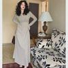 Velvet V-Neck French Midi Dress - Autumn/Winter Retro Korean Style