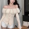 2KWEIRD Y2k Sexy T Shirt Women French Style Elegant Fashion Off Shoulder Crop Top Female Flare Sleeve Slash Neck Ruffle Slim Tees