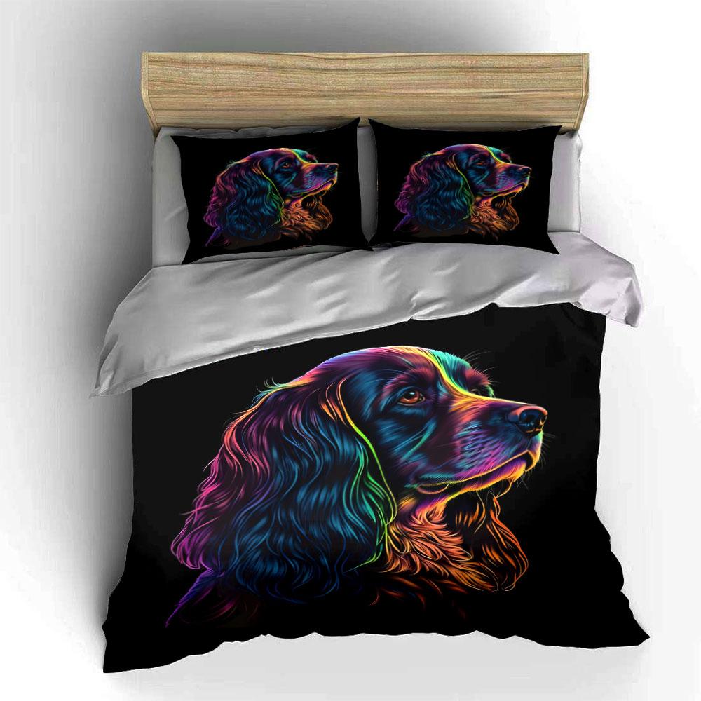 3Pcs Neon Spaniel Bedding Set, Colorful Rainbow Cocker Spaniel Print Duvet Cover + 2 Pillowcases, Dog Lover Decor