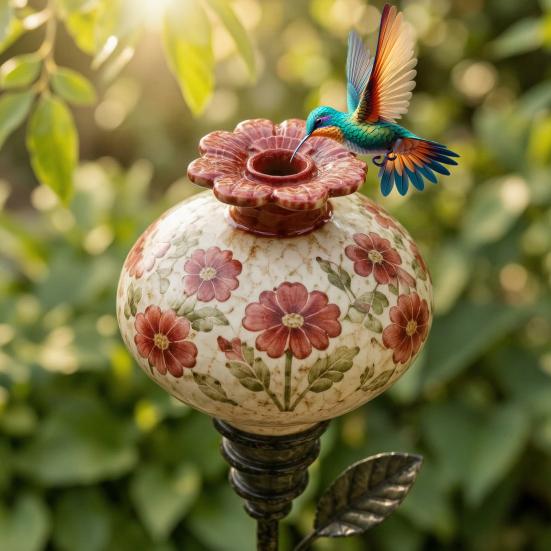Colorful Flower Shaped Feeder Hummingbird Garden Stake, Vintage Ceramic Feeder, Feeding Port, Bed Decorative Accent Nectar for Outdoor Backyard