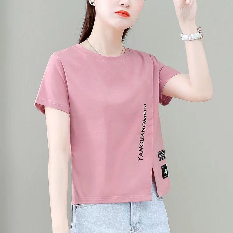 Woman's Tshirts Summer Split Hem Short Sleeve Letters O Neck Korean Style Casual Woman Top Tee Shirt