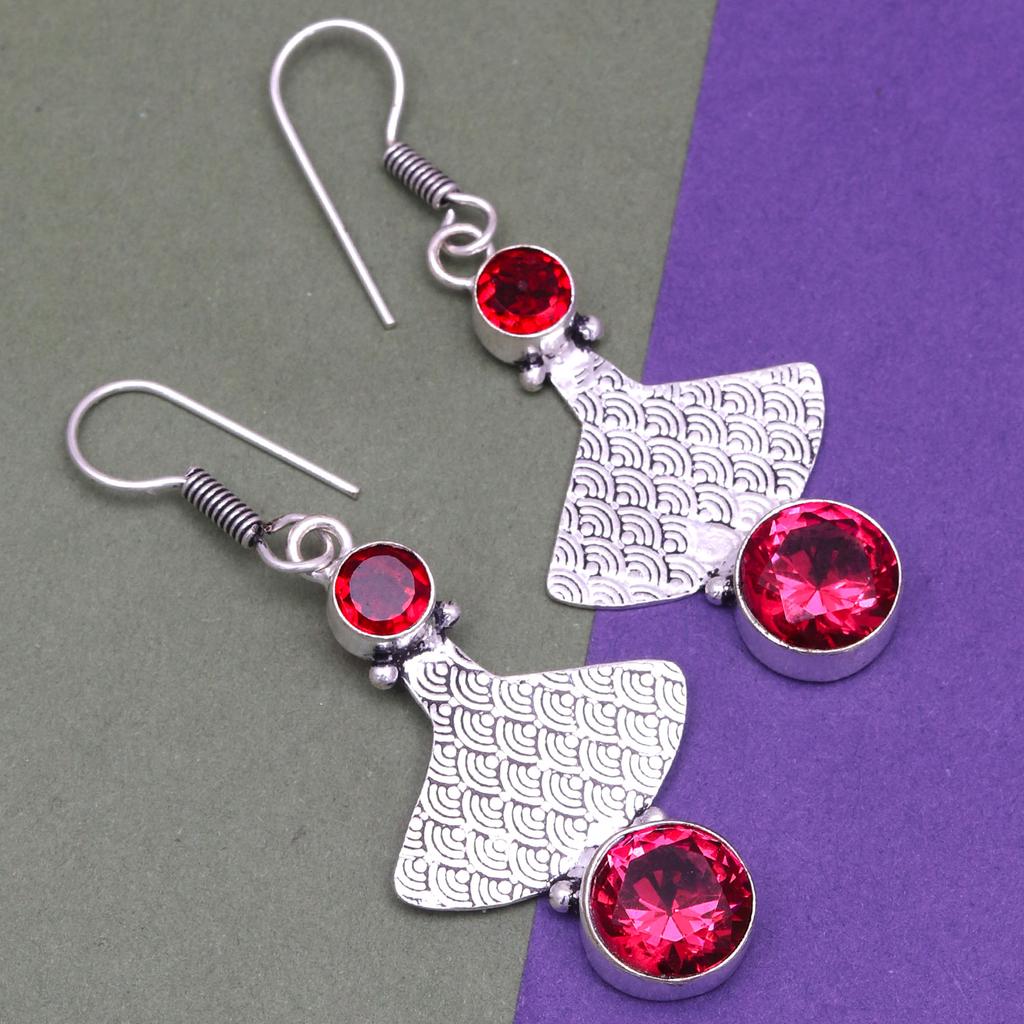 Pink Tourmaline Gemstone Unisex Women's Ethnic Silver Jewelry Earring 1.5''