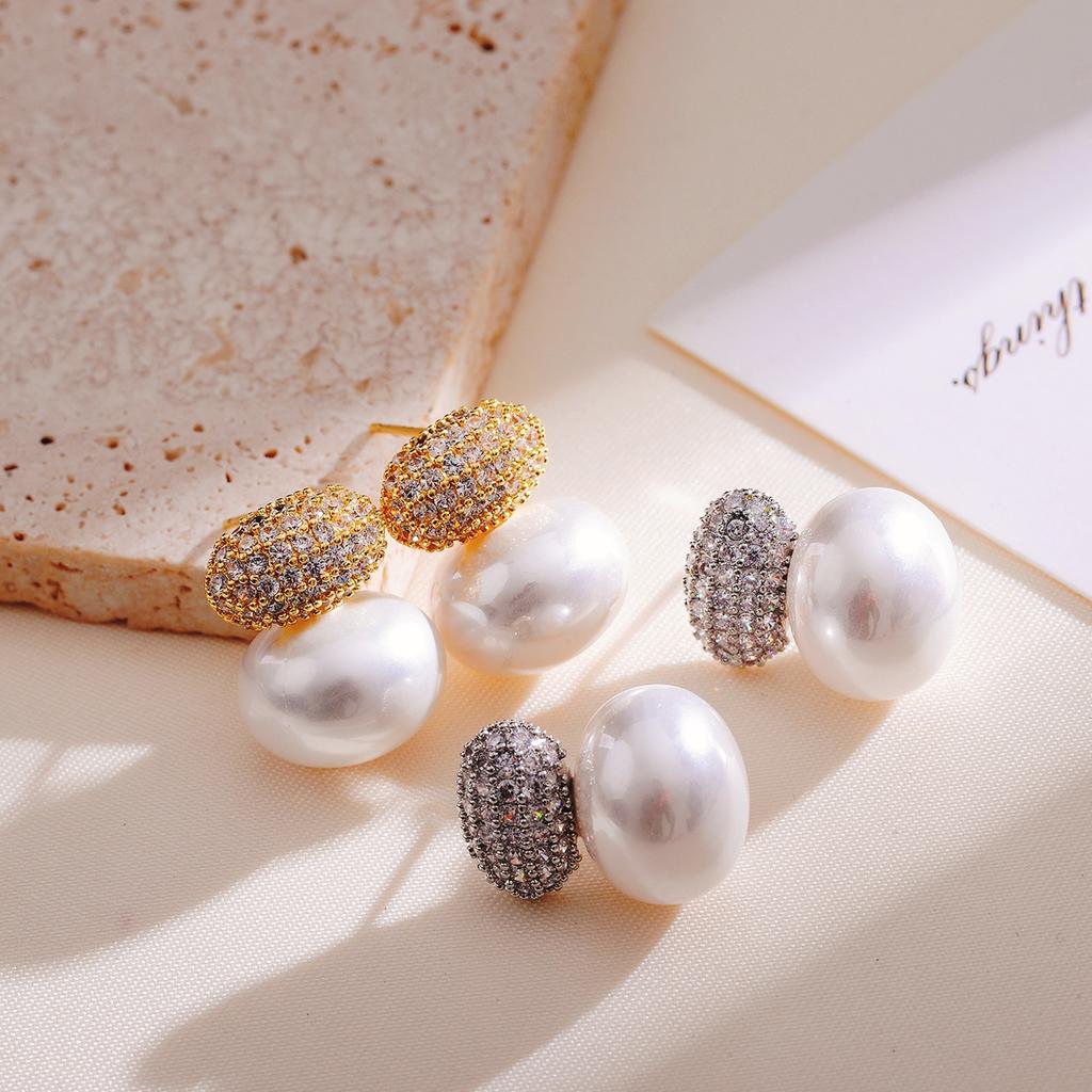 Fashion Oval Imitation Pearl Stud Earrings for Women Geometric Cubic Zirconia Elegant Bridal Earring Wedding Jewelry