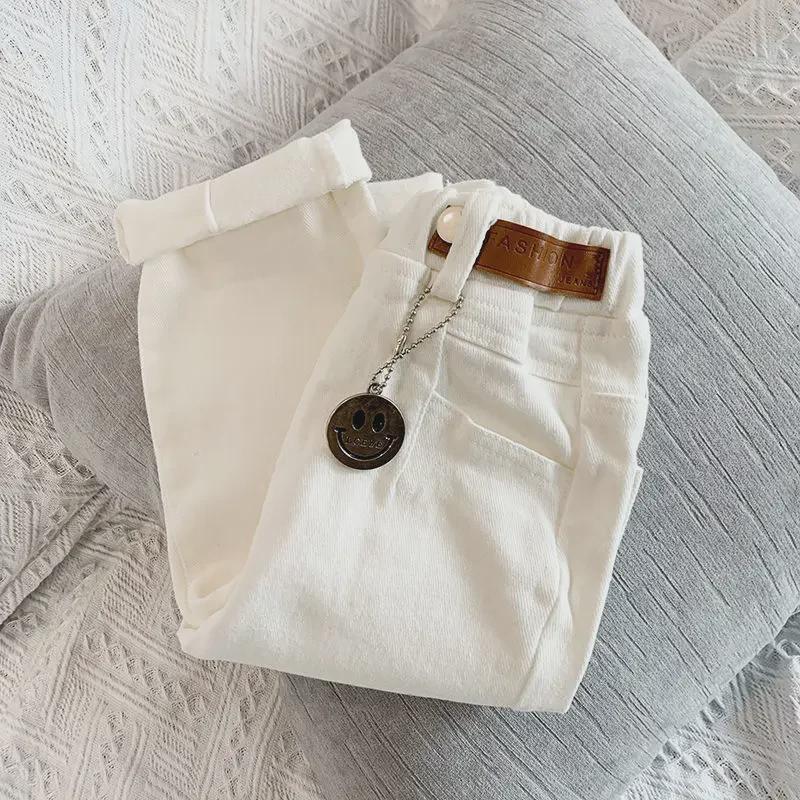 Детские стильные корейские белые джинсовые повседневные брюки для мальчиков и девочек – модные брюки на весну и осень