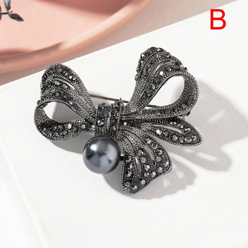 Retro Black Pearl Flower Bow Shape Brooch Scarf Pin Jewelry Accessories