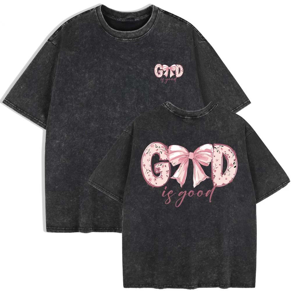 Женские washed футболки с принтом "God Is Good Flower Bow", хлопковые топы с коротким рукавом, летняя одежда оверсайз с круглым вырезом