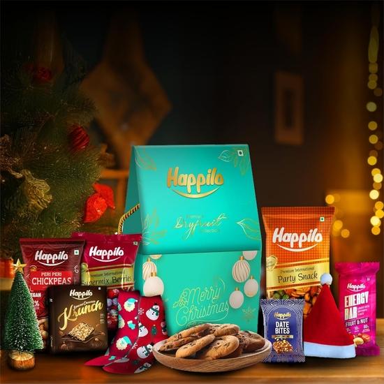 Подарочная коробка с сухофруктами Happilo, 200 г, праздничные рождественские угощения и закуски, шапка Санты, елка, 1 пара носков, хруст, праздничная закуска