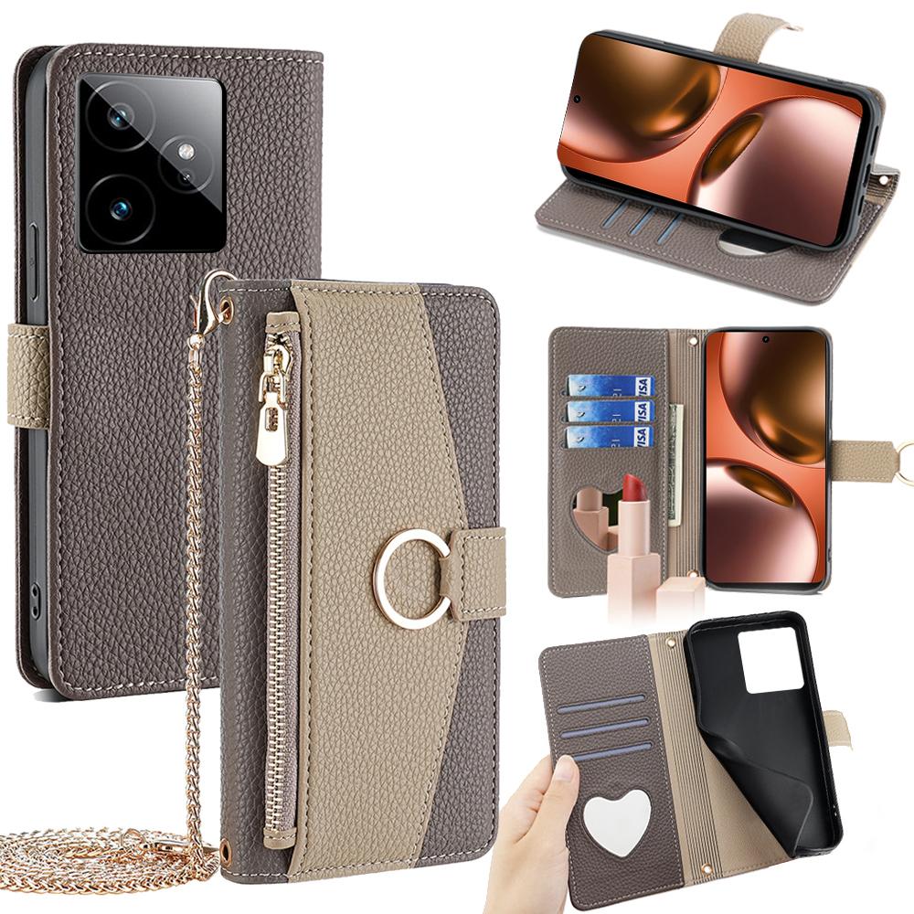 For Realme GT 7 5G Case Mirror Wallet Leather Phone Cover with Chain Shoulder Strap