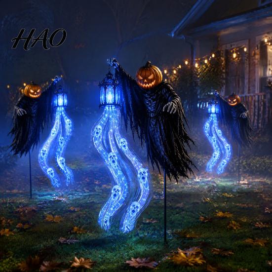 Animated Soul Reaper Yard Art Halloween Harvester Solar Garden Stake Light, Ghost Lantern with Glowing Blue Eye Lawn Ornaments Flowing LED Eyes,