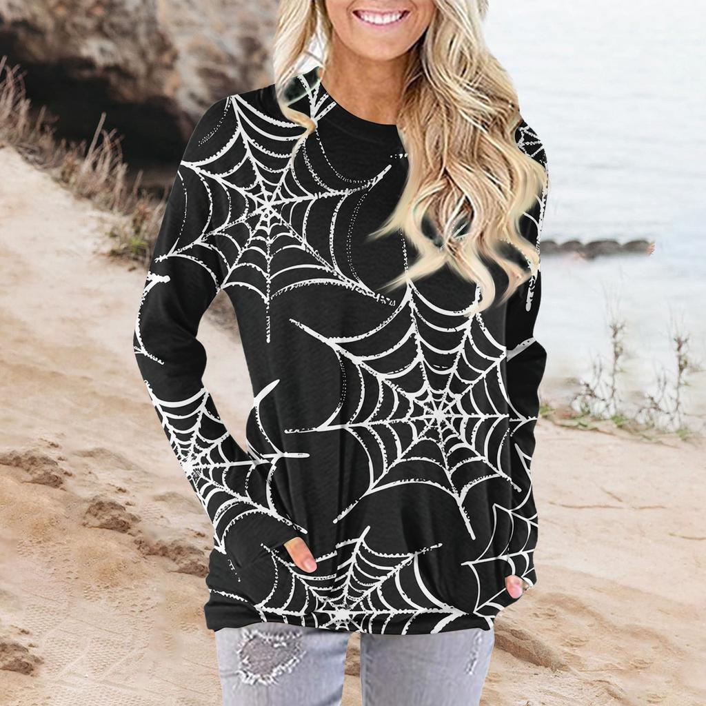 Женская модная повседневная футболка с круглым вырезом и принтом, длинными рукавами и карманами