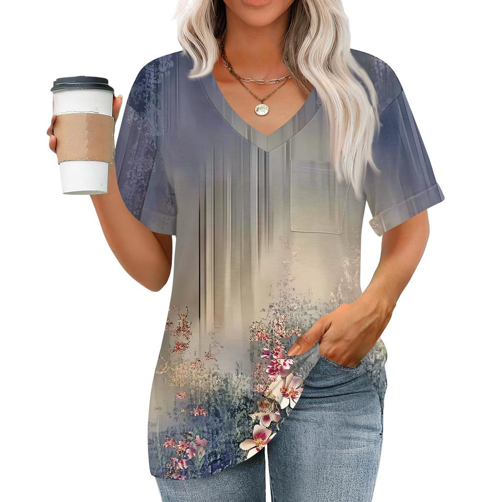 Womens Tops V-neck Short Sleeve Blouses Casual Fashion Print Tunic Tops With Pockets