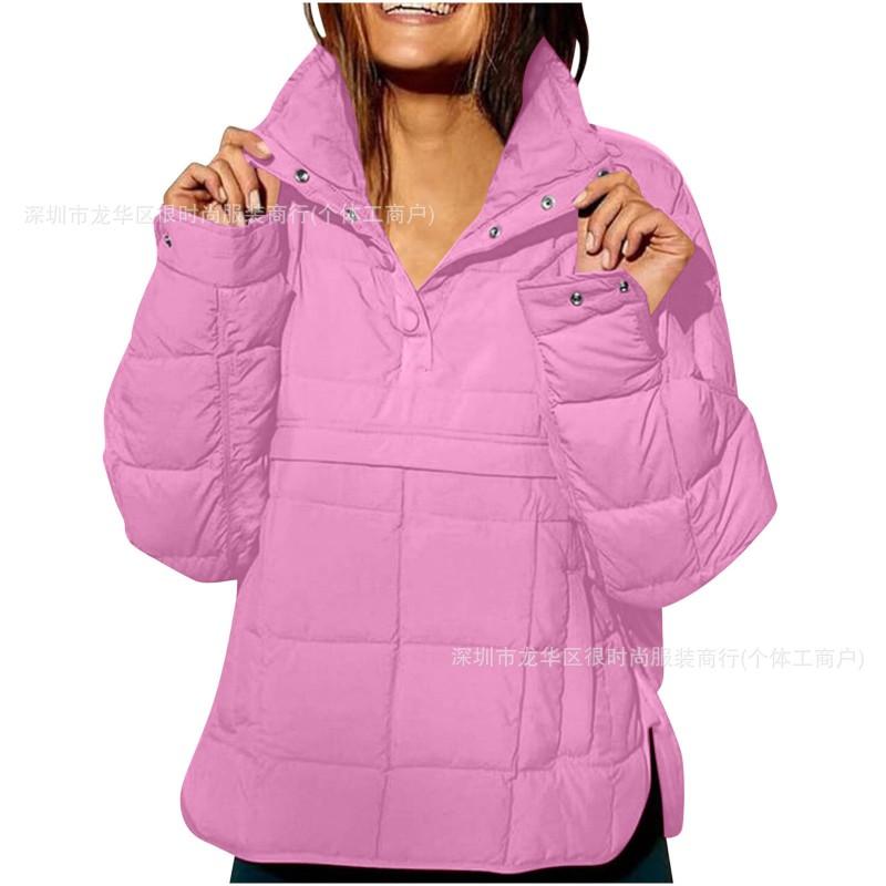 Womens Solid Color Quilted Lightweight Winter Warm Pullover Stand Collar Button Cotton Coat