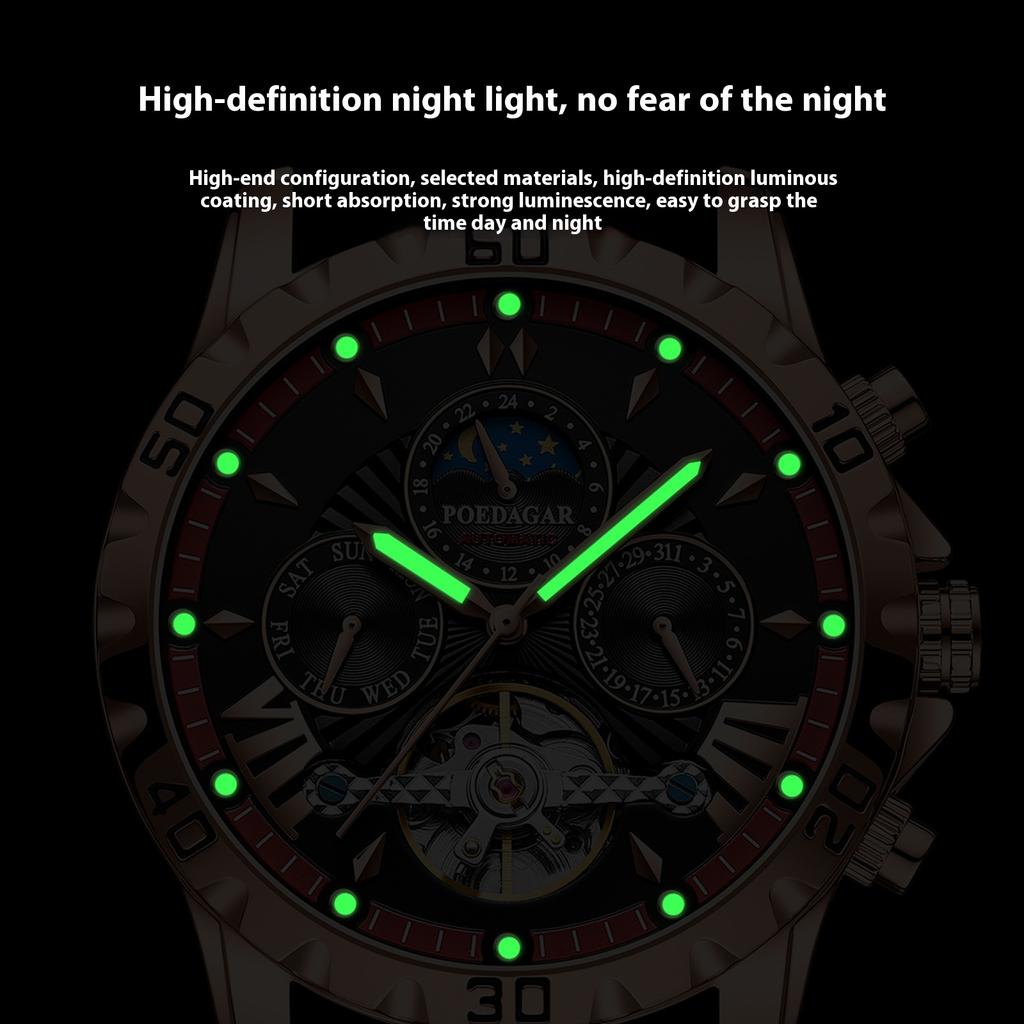 Famous Brand Luxury Tourbillon Mechanical Watch for Men Waterproof Luminous Date Week Leather Hollow Watches Men's