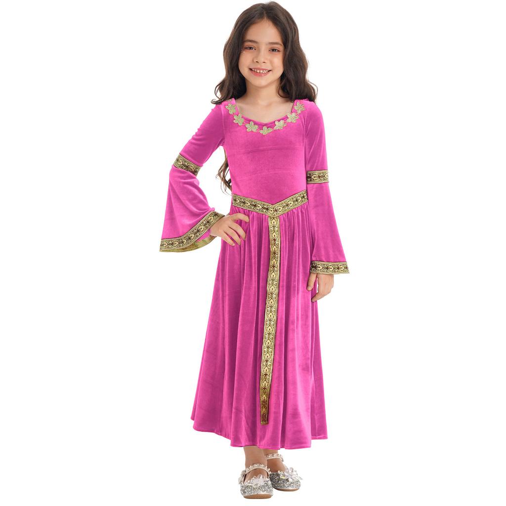 Kids Girls Stylish Medieval Princess Long Flare Sleeve Vintage Pattern Dress