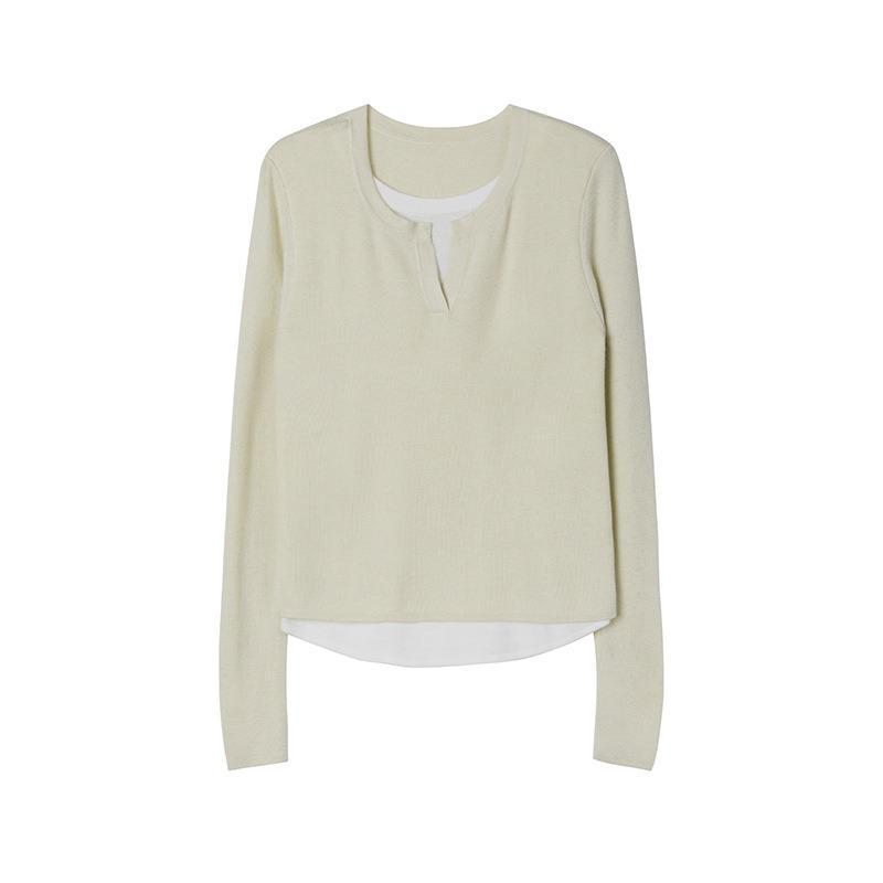 Spring Autumn Round Neck Fake Two Pieces Long Sleeve T-shirt Women Casual Fashion All-match Top Pullover Tee
