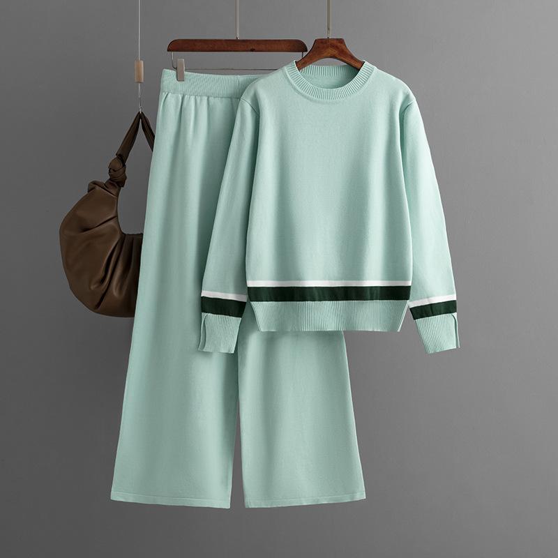 Женский осенне-зимний модный костюм большого размера, рубашка + брюки, повседневные брюки с круглым вырезом, длинными рукавами и разрезами, цветные повседневные брюки с высокой талией