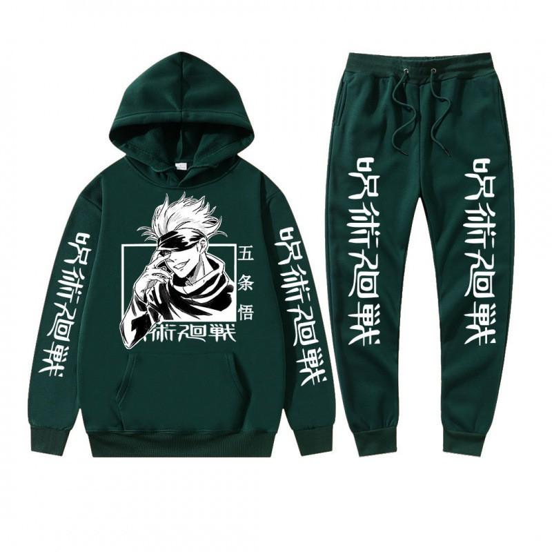 Mens Winter Hooded Sweatshirt Set With Jujutsu Kaisen Gojo Satoru Print Thick Casual Streetwear Tracksuit