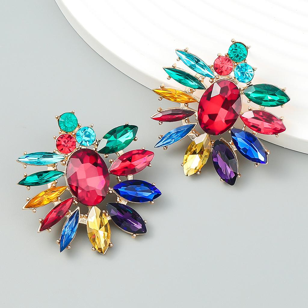 Новая модная серия с цветными бриллиантами, геометрические стеклянные серьги с бриллиантами и цветами, женские серьги-гвоздики в европейском и американском стиле