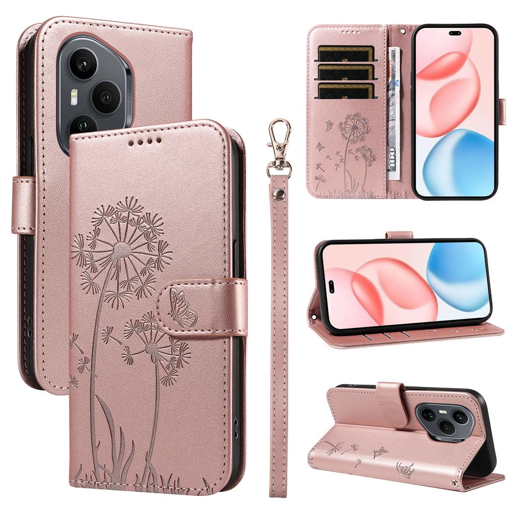 Для Honor 400 Pro 5G (Глобальный) Кожаный чехол-кошелек с ремешком, тиснение «Одуванчик», подставка для телефона