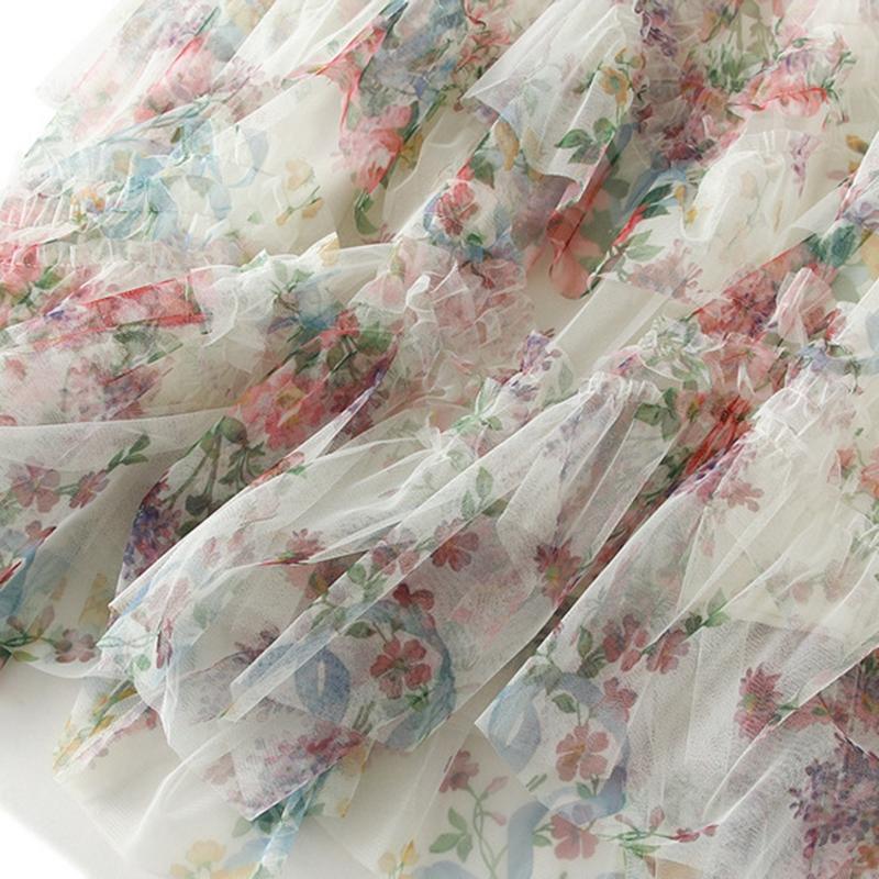 Qooth Элегантная длинная юбка из тюля с принтом феи, модная плиссированная юбка трапециевидной формы с цветочным принтом и эластичной резинкой на талии QT2372