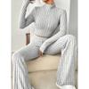 Solid Color Pit Stripe Long Sleeved Knitted Sweater Set Casual Sweater Suits Office Lady Outfits Sportwear 2 Piece Pant Sets