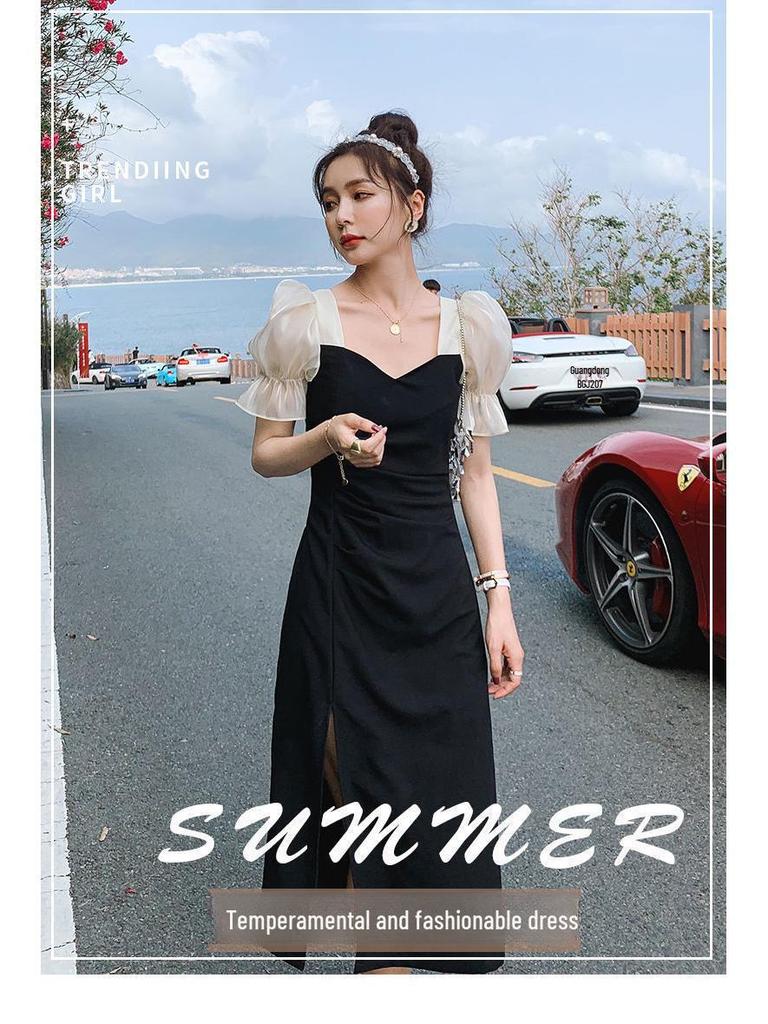 Женское летнее черное облегающее платье миди с короткими рукавами 2021 года