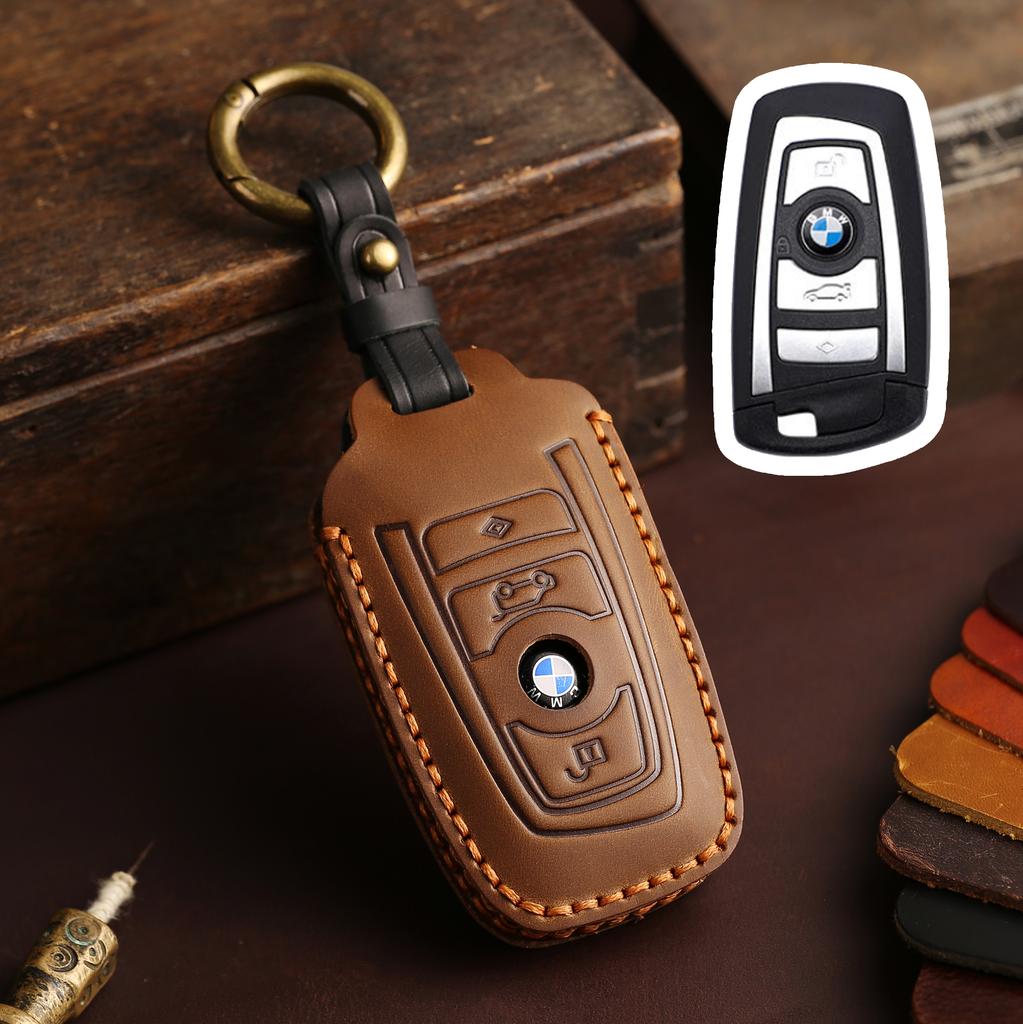 Genuine Leather Key Case for BMW 3 5 7 Series X1 X3 X5 X6, Full Cover Fob Protector with Metal Keychain, F20 F30 F10 Compatible msvc59