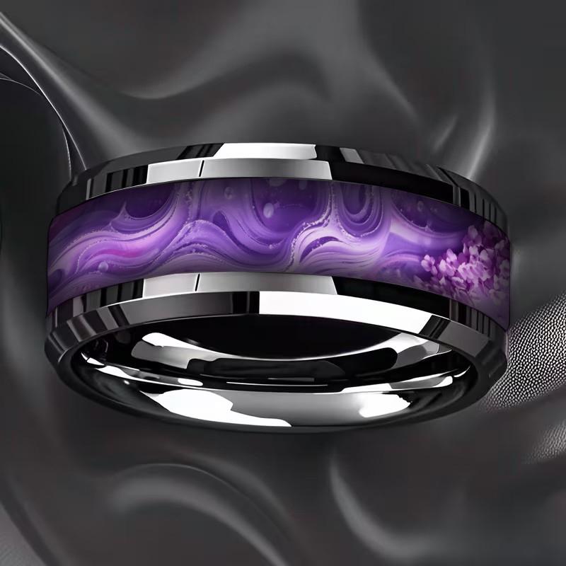 Fashion Men Stainless Steel Rings, 8mm Cyberpunk Rainbow Aurora Grain Inlay Rings for Men High Polished Wedding Bands Jewelry