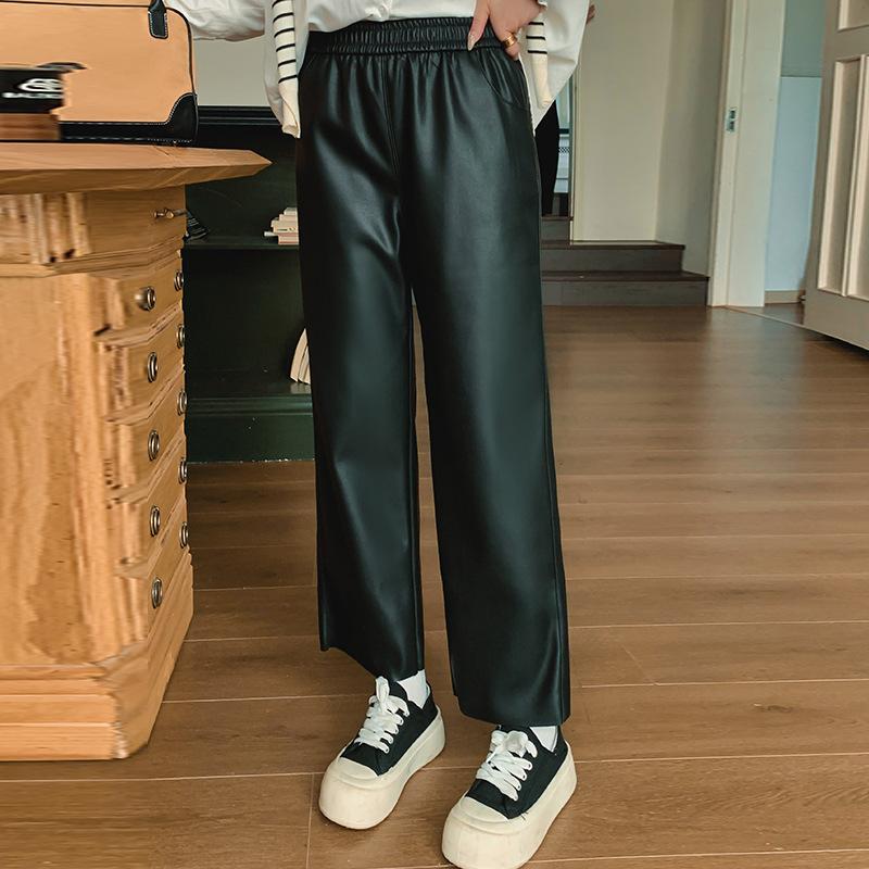 Большие размеры женские широкие повседневные прямые брюки с высокой талией из винтажной кожи