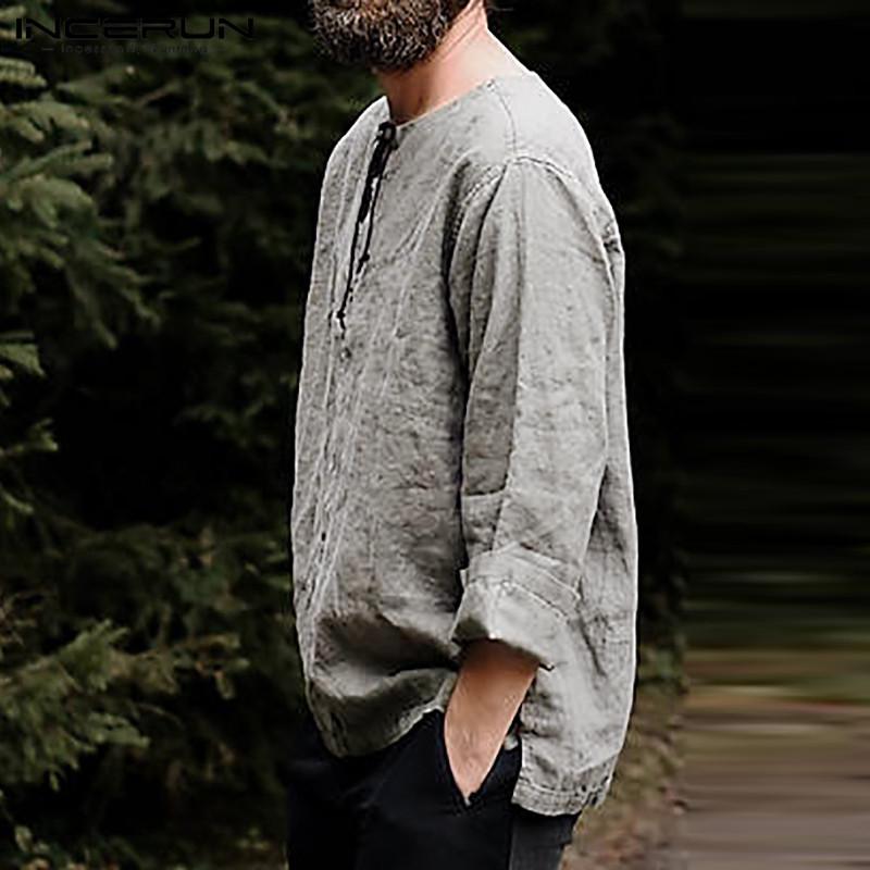 Мужская хлопковая винтажная рубашка без пуговиц INCERUN