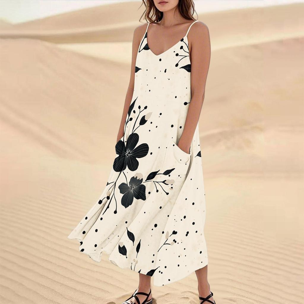 Women's Casual Tie-Dye Floral Print Sleeveless Pocket Dress