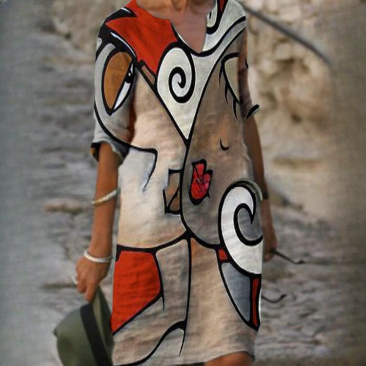 GMXIA Летний принт свободный бамбуковое волокно пенька цветочный короткий рукав женский винтажный литературный круглый вырез рукав пять четвертей