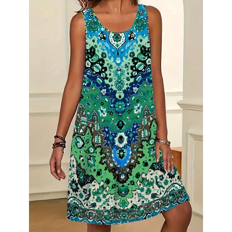 2025 Summer Women's Dresses Beach Casual Style Sleeveless Dresses Floral Printed Round Neck Dresses Loose With Pockets Dresses