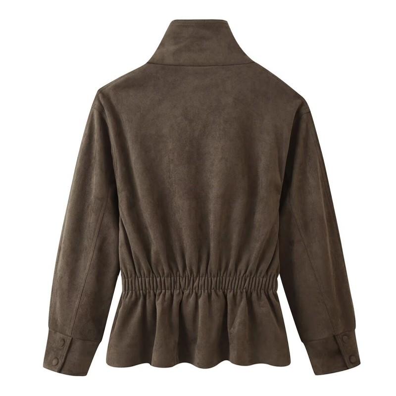 ZA Womens 2026 Fall Faux Suede Belted Jacket Casual Stand Collar Slim Fit Outerwear