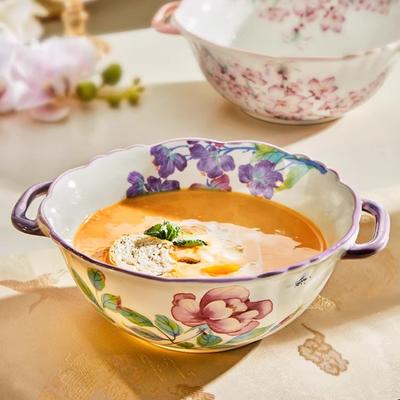 Керамические суповые миски с цветочным узором и двойными ручками, большая сервировочная миска 900 мл для салата, пасты, хлопьев, фруктов, удона, подходит для микроволновой печи и духовки