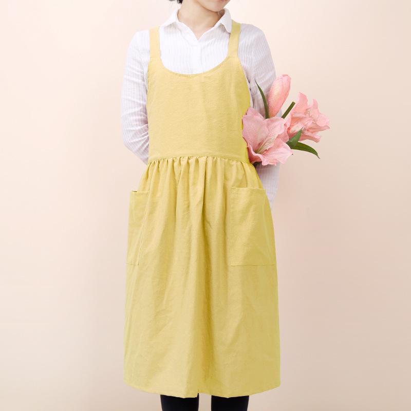 Korean Style Artistic Cotton Linen Long Kitchen Apron for Women
