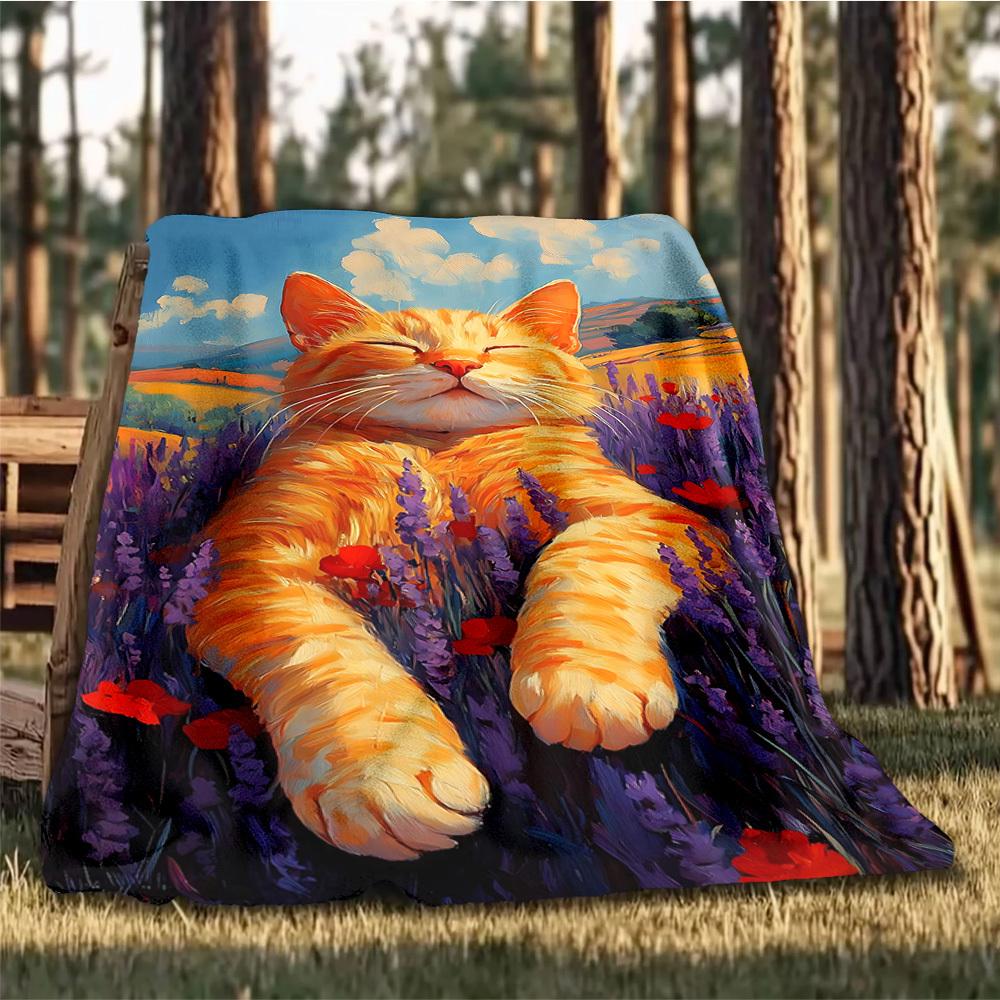 1pc Lavender Field Cat Print Outdoor Soft Polyester Flannel Throw Blanket Versatile for All Seasons , Soft , Cozy , Warm All Season Quilted Throw ,