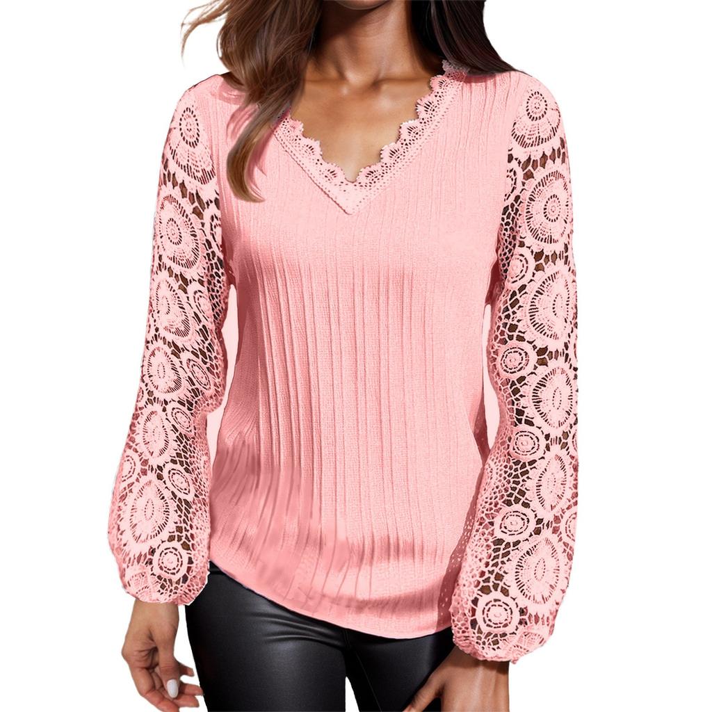 Женская свободная повседневная футболка с v-образным вырезом и кружевом в стиле пэчворк с длинными рукавами