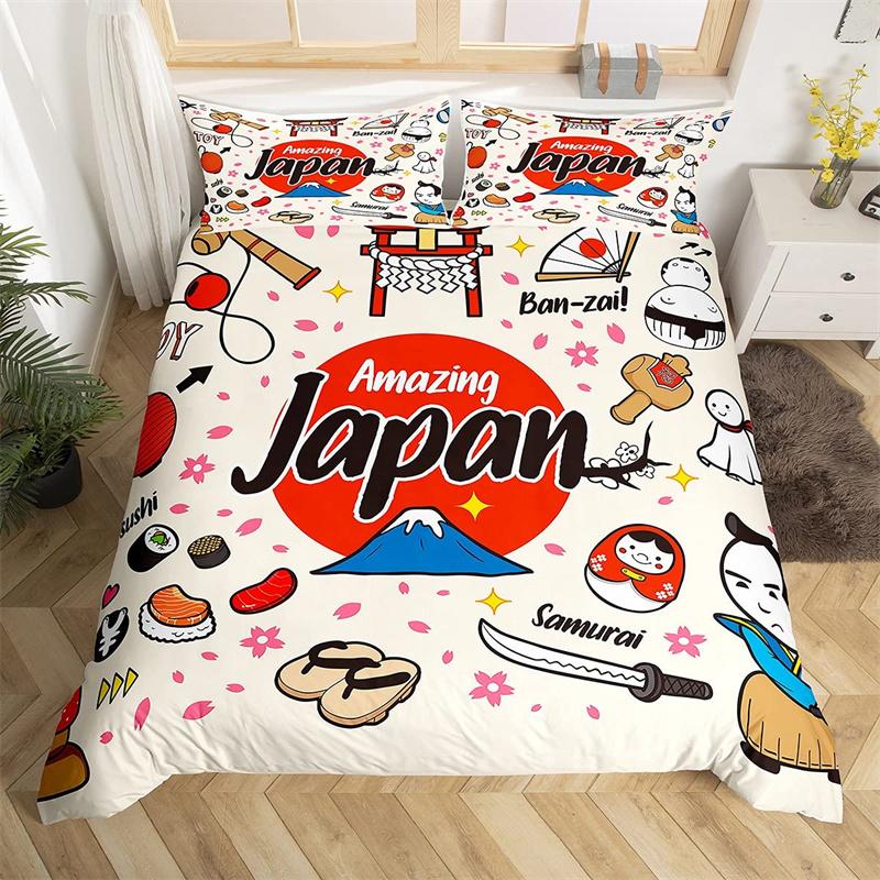 Cartoon Sushi Food Duvet Cover Twin For Kids Teen Microfiber Japanese Cuisine Bedding Set Kawaii Cat Cherry Blossoms Quilt Cover