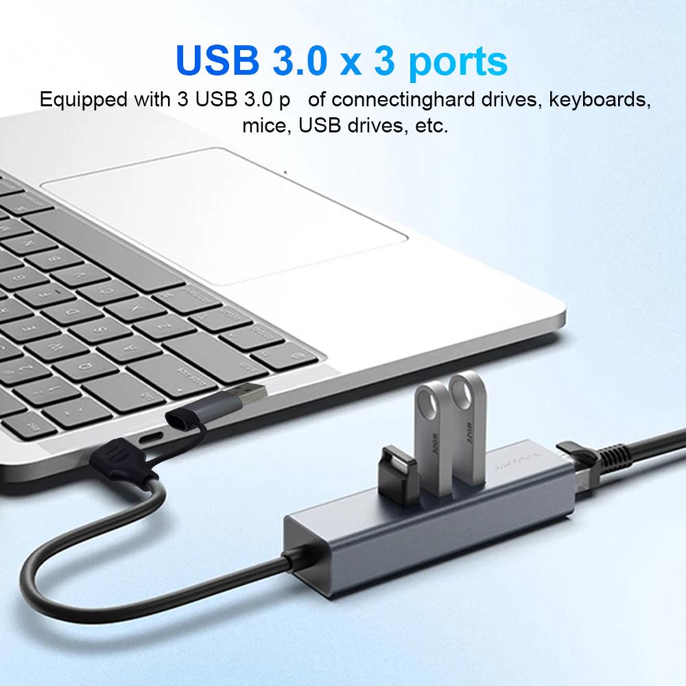 USB/USB-C 1000Mbps Ethernet Lan Adapter 3 port USB3.0 Hub Docking Station Type C USB to RJ45 Gigabit Network Card For MacBook PC 3