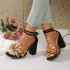 Women's Square Head Open Toe Flower Fine Strap Non-slip Wear Resistant Chunky Heels Party Super High Heel Sandals