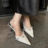 Мода SUOJIALUN Летние Новые Бренд Женские Босоножки Модные Неглубокие Слипоны Женские Элегантные Босоножки С Ремешком На Пятке Тонкий Высокий Каблук Туфли-Лодочки для Платья