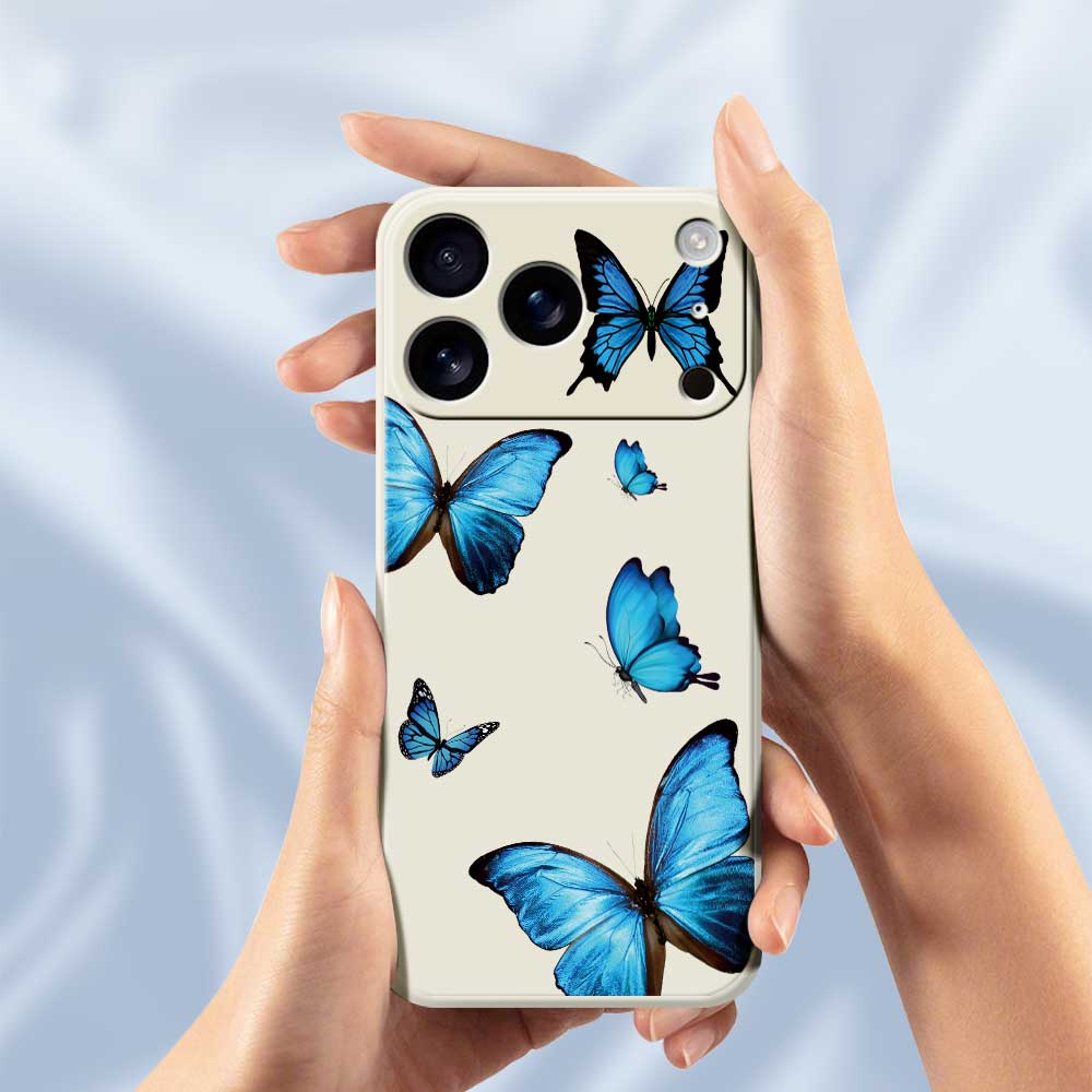 For iPhone 17 Pro Max Case Blue Butterflies Pattern Printing Straight Edge TPU Phone Back Cover
