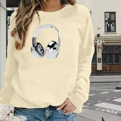 Топы для женщин Простые наушники Принт Круглый вырез Длинный рукав Футболка Осенний повседневный тонкий пуловер Женский длинный рукав Топ