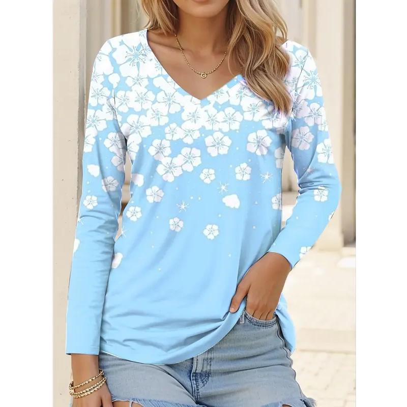 Women's T-Shirt Floral Graphic Flower Elegant Fashion T-shirts Long Sleeve V-Neck Regular Tops Pullover Fall Winter