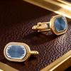Men's Cufflink Set, Rectangular Gold Embossed Blue Background Retro Cufflinks, Paired with Gift Boxes.