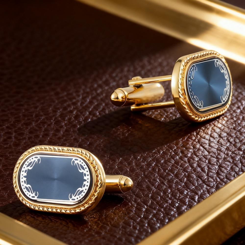Men's Cufflink Set, Rectangular Gold Embossed Blue Background Retro Cufflinks, Paired with Gift Boxes.