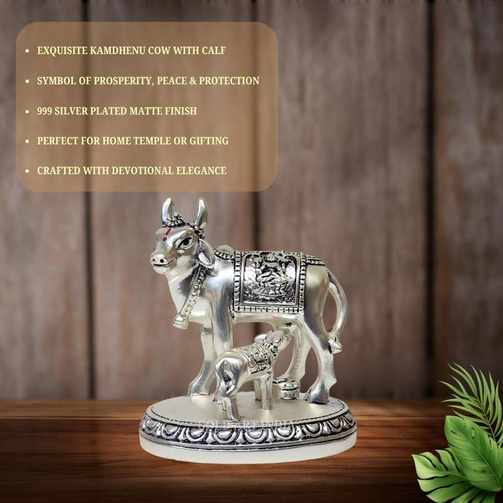 Kamdhenu Cow and Calf Idol | Silver Matte Finish Decorative Murti | 7.62 Cm X 7.62 Cm | Sacred Gau MATA Statue for Home Temple & Gift