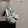 Summer Waterproof Table Crossed Thin Strap High Heels Empty Open Toe Thick Sole Women Thick Heel Silver Sandals Women