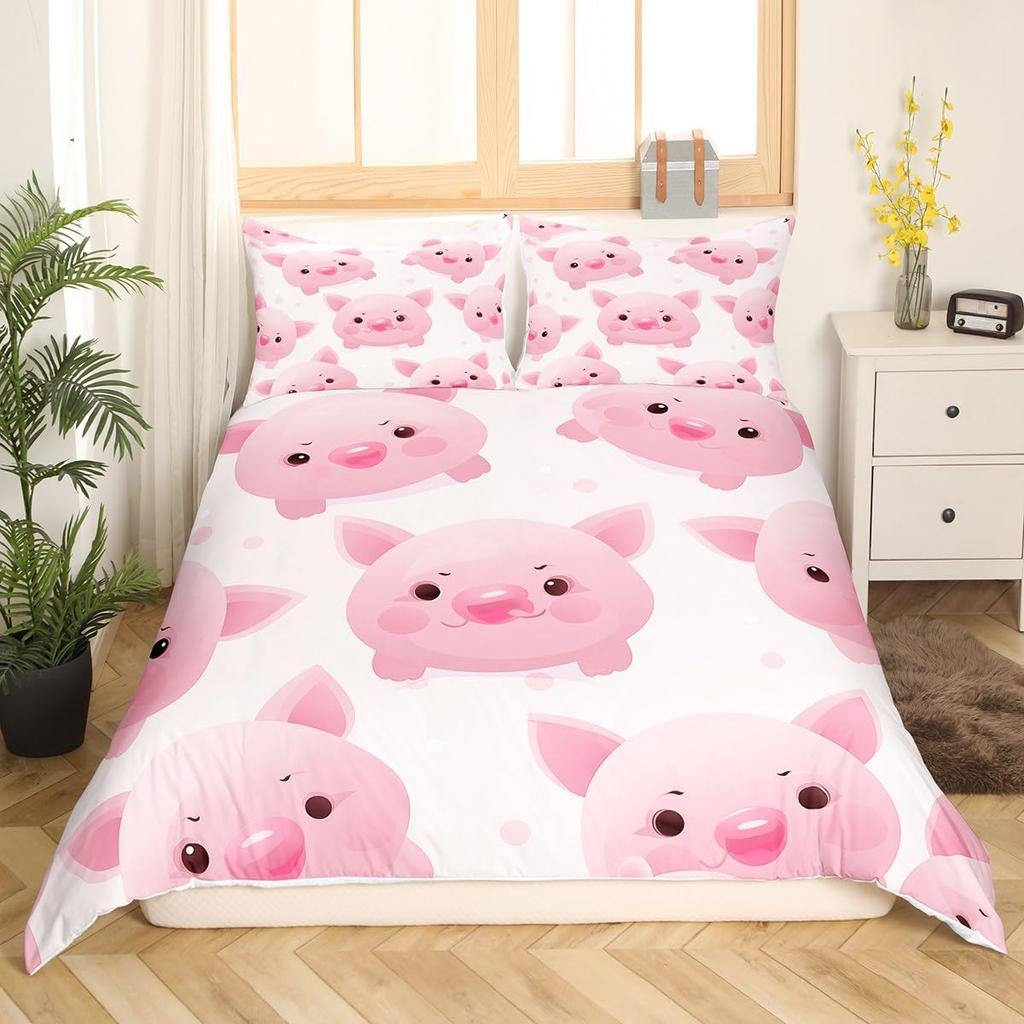 Pink Pig Bedding Set King Queen Sleeping Pig Duvet Cover For Kids Boys Girls Kawaii Animals Comforter Cover With 2 Pillowcases
